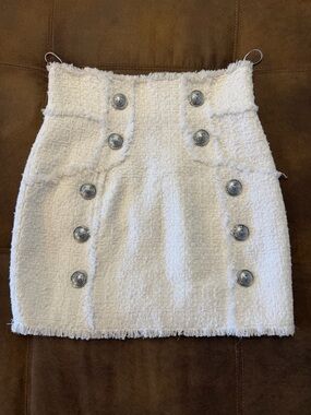 Balmain White Tweed Double-Row Button Mini Skirt